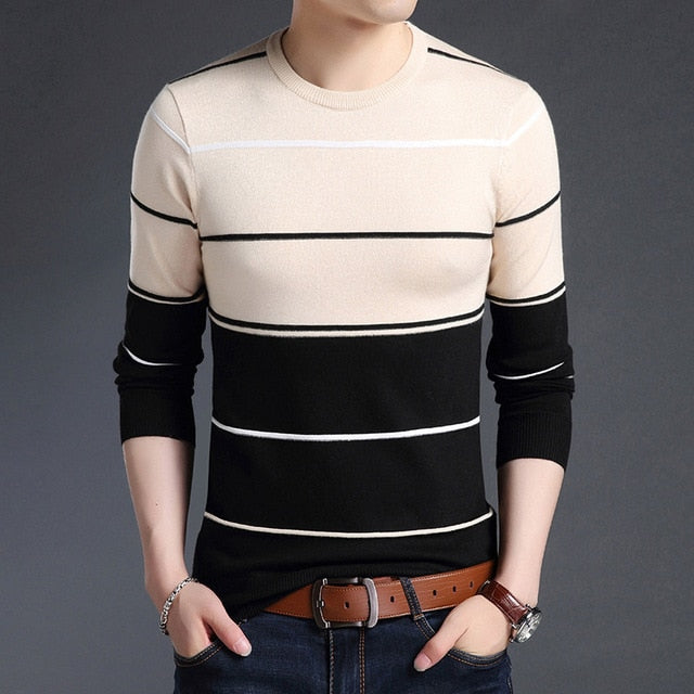 2021 New Fashion Brand Sweater Mens Pullover Striped Slim Fit Jumpers Knitred Woolen Autumn Korean Style Casual Men Clothes