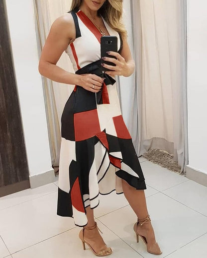 Sexy Summer V Neck Empire Belt Tunic Women's Midi Dress 2021 Fashion Geometry Print Irregular Office Ladies Dresses Plus Size