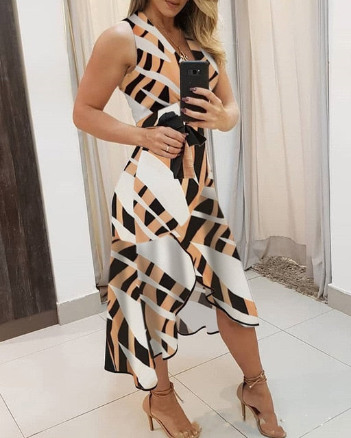 Sexy Summer V Neck Empire Belt Tunic Women's Midi Dress 2021 Fashion Geometry Print Irregular Office Ladies Dresses Plus Size