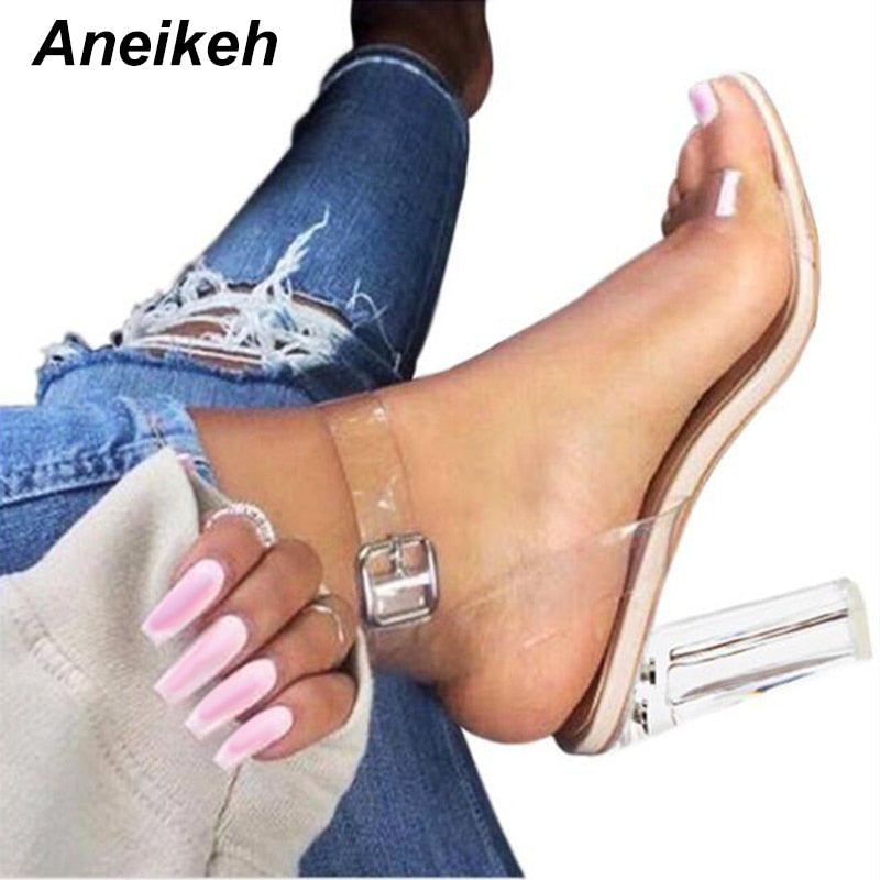 Aneikeh 2021 PVC Jelly Sandals Crystal Open Toed High Heels Women Transparent Heel Sandals Slippers Pumps 11CM Big Size 41 42