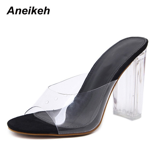 Aneikeh 2021 PVC Jelly Sandals Crystal Open Toed High Heels Women Transparent Heel Sandals Slippers Pumps 11CM Big Size 41 42