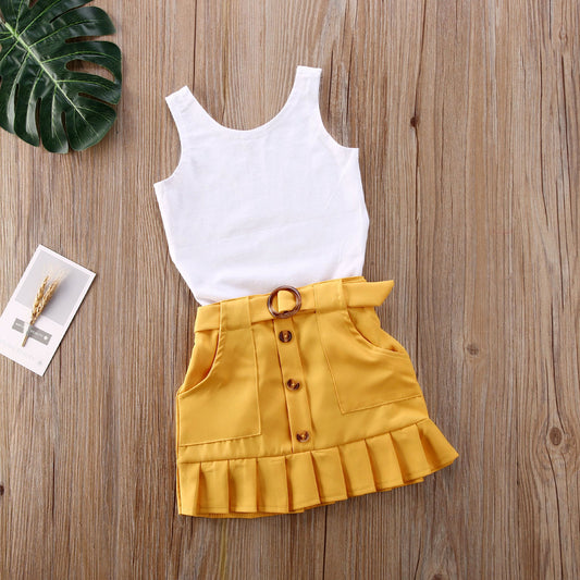 2PCS Toddler Kids Baby Girl Clothes Sets Sleeveless Solid Vest Romper Yellow Pleated Skirt Summer Outfit Set