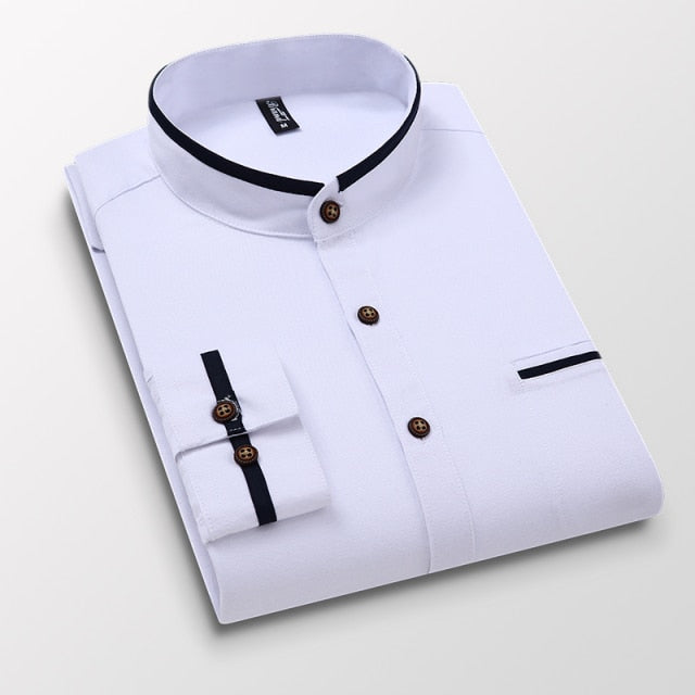 Men&#39;s clothing Long Sleeve Regular-fit Button-down Thick Shirts Casual Solid Oxford Dress  White Shirt Single Patch Pocket Stand