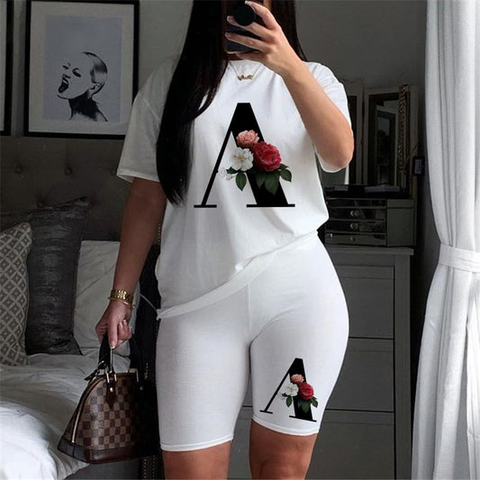 Women Two Piec Set Letter T Shirts And Shorts Set Summer Short Sleeve O-neck Casual Joggers Biker Shorts Sexy Outfit For Woman