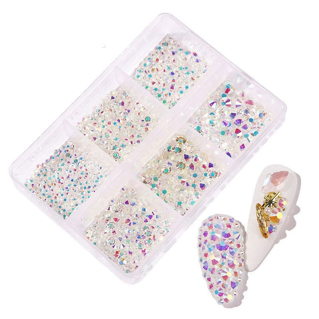 1 Box Crystal Nail Art Rhinestone Gold Silver Clear All Color Flat Bottom Mixed Shape DIY Nail Art 3D Decoration In 6cell pot