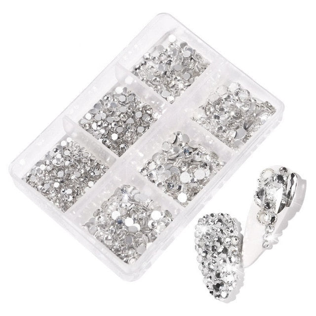 1 Box Crystal Nail Art Rhinestone Gold Silver Clear All Color Flat Bottom Mixed Shape DIY Nail Art 3D Decoration In 6cell pot