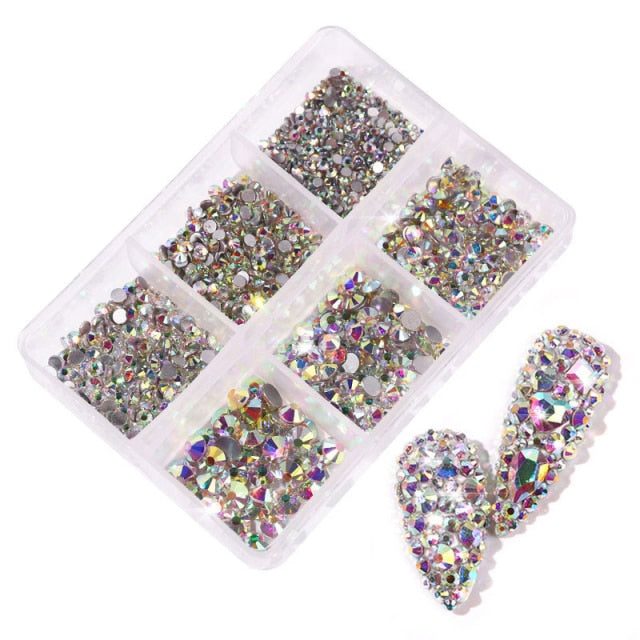 1 Box Crystal Nail Art Rhinestone Gold Silver Clear All Color Flat Bottom Mixed Shape DIY Nail Art 3D Decoration In 6cell pot