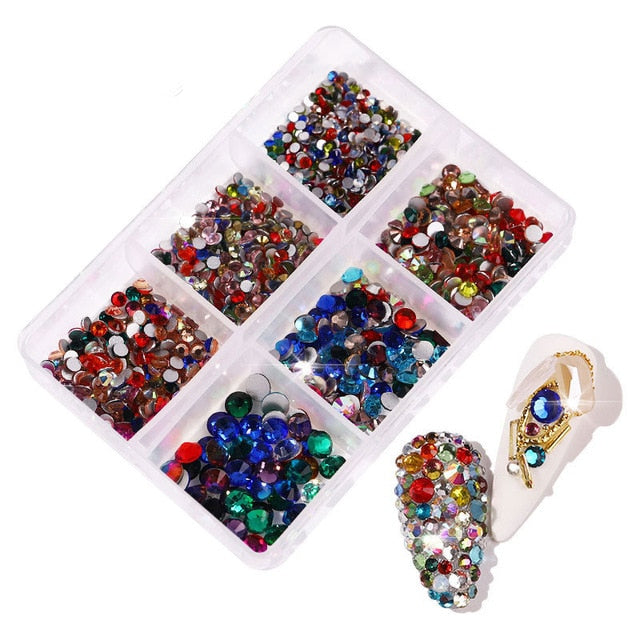 1 Box Crystal Nail Art Rhinestone Gold Silver Clear All Color Flat Bottom Mixed Shape DIY Nail Art 3D Decoration In 6cell pot