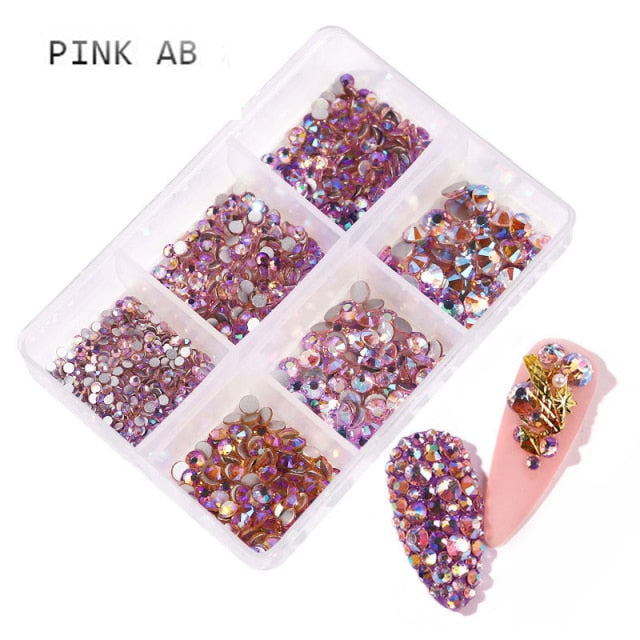 1 Box Crystal Nail Art Rhinestone Gold Silver Clear All Color Flat Bottom Mixed Shape DIY Nail Art 3D Decoration In 6cell pot