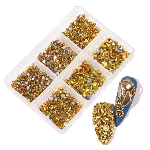 1 Box Crystal Nail Art Rhinestone Gold Silver Clear All Color Flat Bottom Mixed Shape DIY Nail Art 3D Decoration In 6cell pot