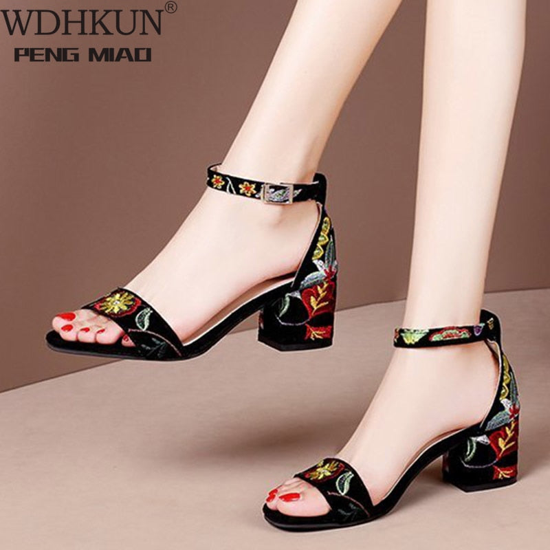 Plus Size 41 Summer Women Sandals Embroider Ankle Strap Sandal High Heels Dress Shoes Flower Ladies Shoes Sandalias Mujer