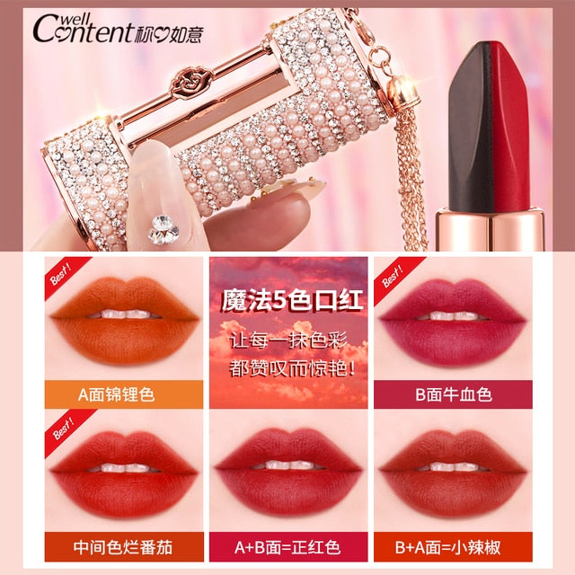 Pearl Diamond Magic 5-Color Lipstick Velvet Long Lasting Smooth Moisturizing Waterproof Pigment Easy to Wear Lip Makeup Cosmetic