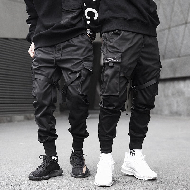 Men Cargo Pants Black Ribbons Block Multi-Pocket Harem Joggers Harajuku Sweatpant Hip Hop Casual Harem Tide Male Trousers