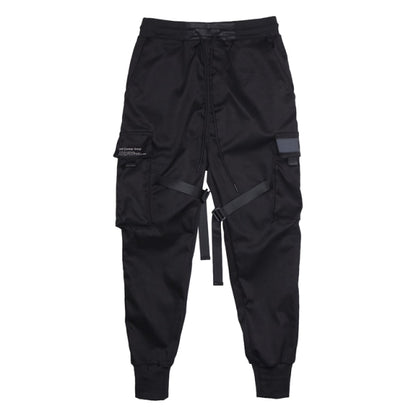 Men Cargo Pants Black Ribbons Block Multi-Pocket Harem Joggers Harajuku Sweatpant Hip Hop Casual Harem Tide Male Trousers