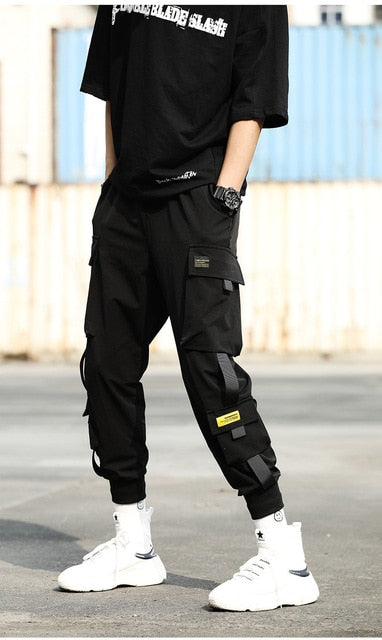 Men Cargo Pants Black Ribbons Block Multi-Pocket Harem Joggers Harajuku Sweatpant Hip Hop Casual Harem Tide Male Trousers