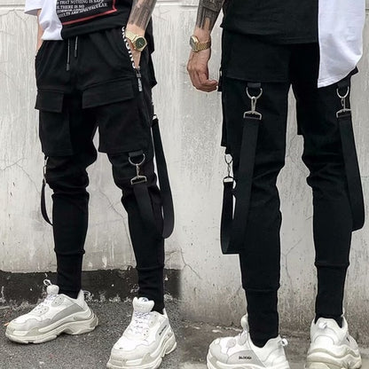 Men Cargo Pants Black Ribbons Block Multi-Pocket Harem Joggers Harajuku Sweatpant Hip Hop Casual Harem Tide Male Trousers