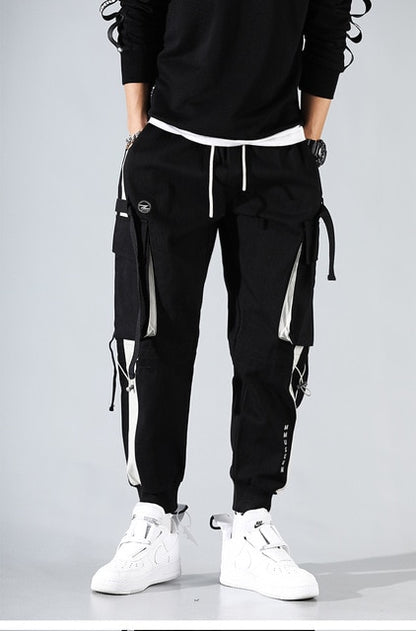 Men Cargo Pants Black Ribbons Block Multi-Pocket Harem Joggers Harajuku Sweatpant Hip Hop Casual Harem Tide Male Trousers