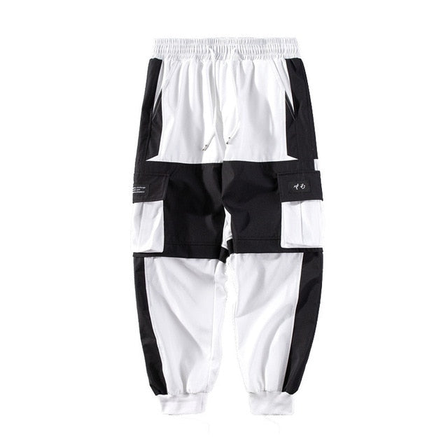 Men Cargo Pants Black Ribbons Block Multi-Pocket Harem Joggers Harajuku Sweatpant Hip Hop Casual Harem Tide Male Trousers