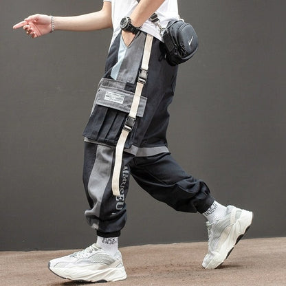 Men Cargo Pants Black Ribbons Block Multi-Pocket Harem Joggers Harajuku Sweatpant Hip Hop Casual Harem Tide Male Trousers