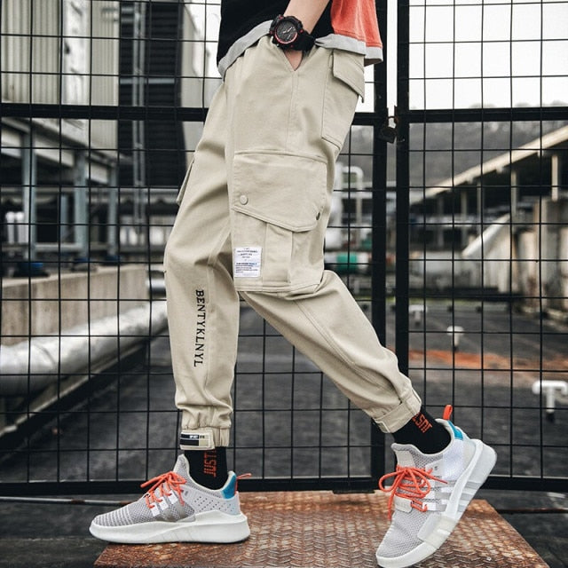 Men Cargo Pants Black Ribbons Block Multi-Pocket Harem Joggers Harajuku Sweatpant Hip Hop Casual Harem Tide Male Trousers