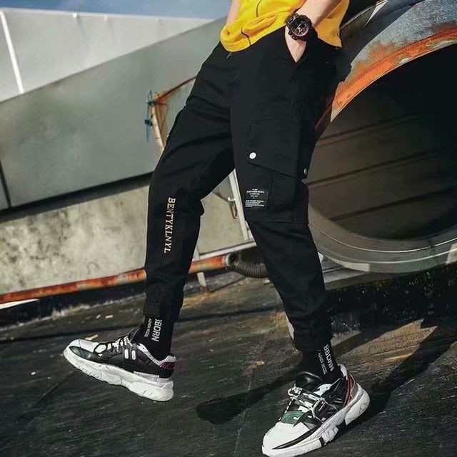 Men Cargo Pants Black Ribbons Block Multi-Pocket Harem Joggers Harajuku Sweatpant Hip Hop Casual Harem Tide Male Trousers