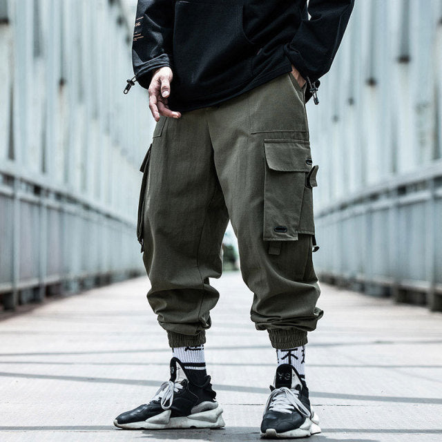 Men Cargo Pants Black Ribbons Block Multi-Pocket Harem Joggers Harajuku Sweatpant Hip Hop Casual Harem Tide Male Trousers