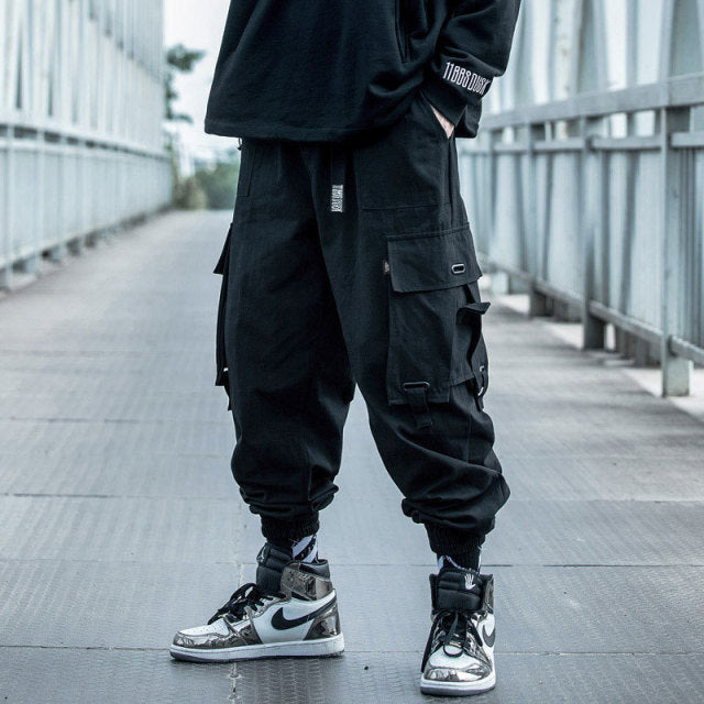 Men Cargo Pants Black Ribbons Block Multi-Pocket Harem Joggers Harajuku Sweatpant Hip Hop Casual Harem Tide Male Trousers