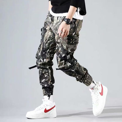 Men Cargo Pants Black Ribbons Block Multi-Pocket Harem Joggers Harajuku Sweatpant Hip Hop Casual Harem Tide Male Trousers