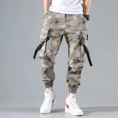 Men Cargo Pants Black Ribbons Block Multi-Pocket Harem Joggers Harajuku Sweatpant Hip Hop Casual Harem Tide Male Trousers