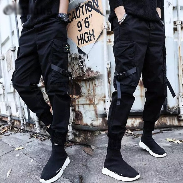 Men Cargo Pants Black Ribbons Block Multi-Pocket Harem Joggers Harajuku Sweatpant Hip Hop Casual Harem Tide Male Trousers