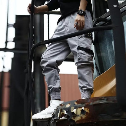 Men Cargo Pants Black Ribbons Block Multi-Pocket Harem Joggers Harajuku Sweatpant Hip Hop Casual Harem Tide Male Trousers