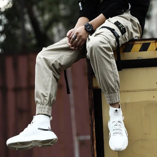 Men Cargo Pants Black Ribbons Block Multi-Pocket Harem Joggers Harajuku Sweatpant Hip Hop Casual Harem Tide Male Trousers