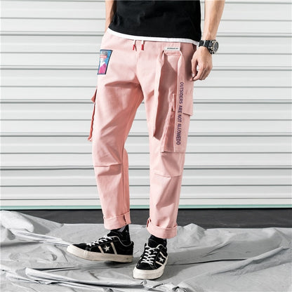 Men Cargo Pants Black Ribbons Block Multi-Pocket Harem Joggers Harajuku Sweatpant Hip Hop Casual Harem Tide Male Trousers