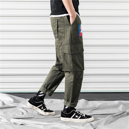 Men Cargo Pants Black Ribbons Block Multi-Pocket Harem Joggers Harajuku Sweatpant Hip Hop Casual Harem Tide Male Trousers