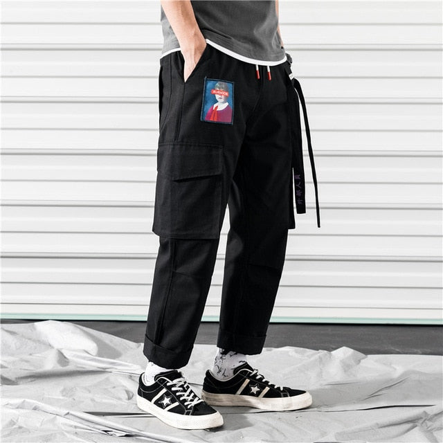 Men Cargo Pants Black Ribbons Block Multi-Pocket Harem Joggers Harajuku Sweatpant Hip Hop Casual Harem Tide Male Trousers