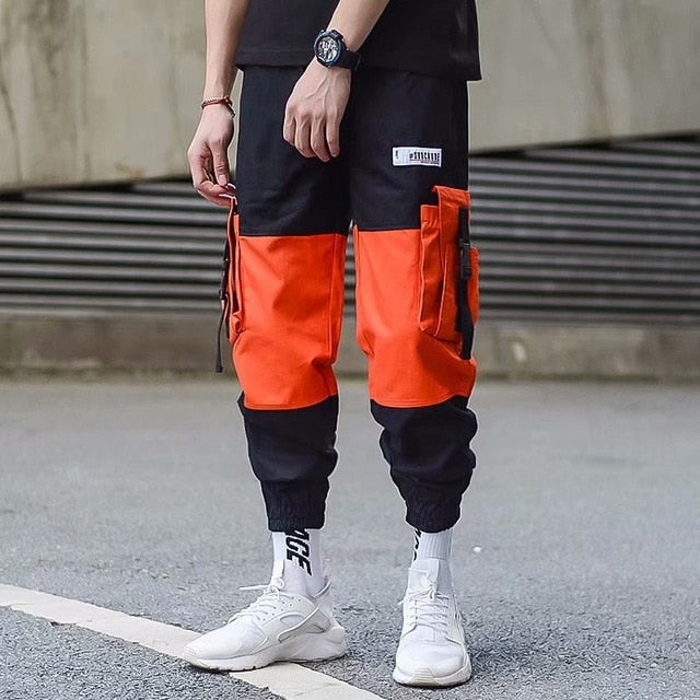 Men Cargo Pants Black Ribbons Block Multi-Pocket Harem Joggers Harajuku Sweatpant Hip Hop Casual Harem Tide Male Trousers