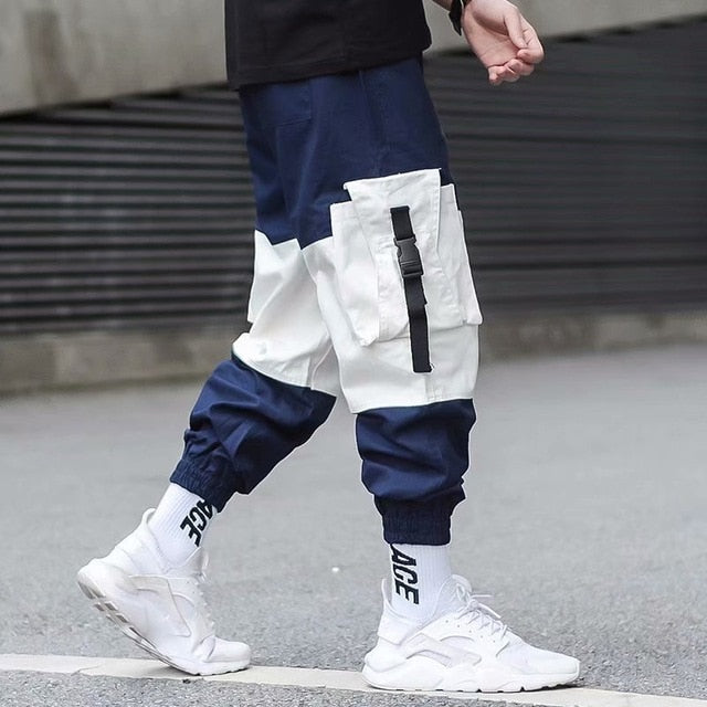 Men Cargo Pants Black Ribbons Block Multi-Pocket Harem Joggers Harajuku Sweatpant Hip Hop Casual Harem Tide Male Trousers