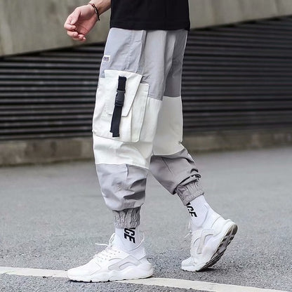 Men Cargo Pants Black Ribbons Block Multi-Pocket Harem Joggers Harajuku Sweatpant Hip Hop Casual Harem Tide Male Trousers