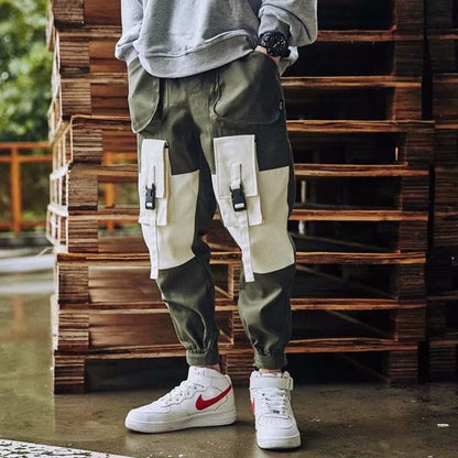 Men Cargo Pants Black Ribbons Block Multi-Pocket Harem Joggers Harajuku Sweatpant Hip Hop Casual Harem Tide Male Trousers