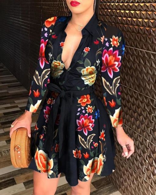 Women Chain Print Long Sleeve Dress Casual Bandage Mini A-line Dresses Sexy Party Summer Feminias Vestidos Female Sleepwear