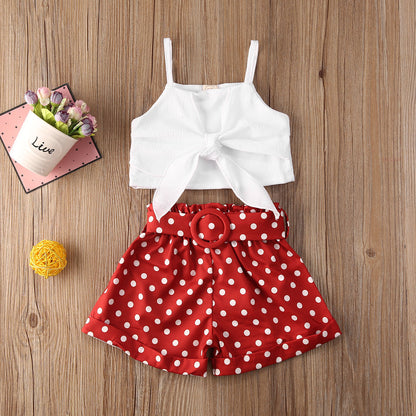 Toddler Baby Girl Clothes sets Summer Solid Color Strap Bowknot Crop Tops Polka Dot Short Pants 2Pcs Outfits 1-6Y