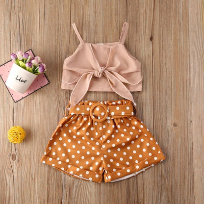 Toddler Baby Girl Clothes sets Summer Solid Color Strap Bowknot Crop Tops Polka Dot Short Pants 2Pcs Outfits 1-6Y