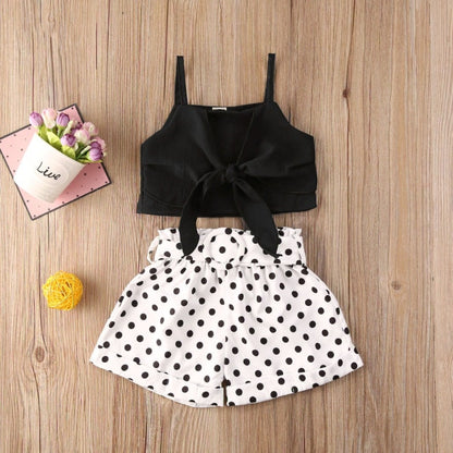 Toddler Baby Girl Clothes sets Summer Solid Color Strap Bowknot Crop Tops Polka Dot Short Pants 2Pcs Outfits 1-6Y