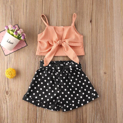 Toddler Baby Girl Clothes sets Summer Solid Color Strap Bowknot Crop Tops Polka Dot Short Pants 2Pcs Outfits 1-6Y