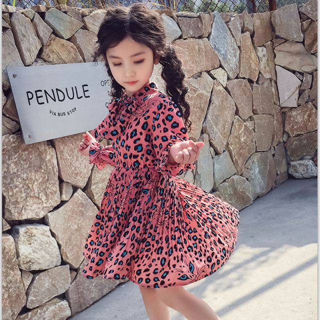 girl dress 2021 spring cartoon casual full sleeves Leopard Print kids children girls princess dress pink yellow blue 2-13 years