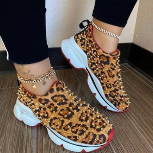 2021 Sneakers Women Vulcanized Woman Rivet Sports Shoes Female Platform Wedges Ladies Leopard Casual Slip On Footwear Plus Size