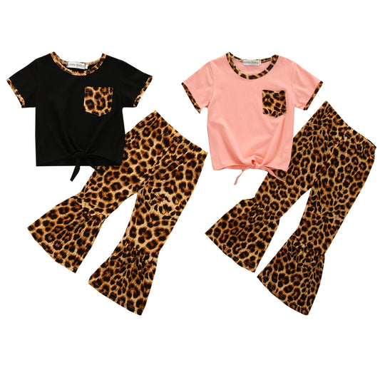 Toddler Baby Girl Clothes Cotton T-Shirt Tops Leopard Bell Bottoms Flare Pants Kids Outfit Clothes Set   Fashion Clothes