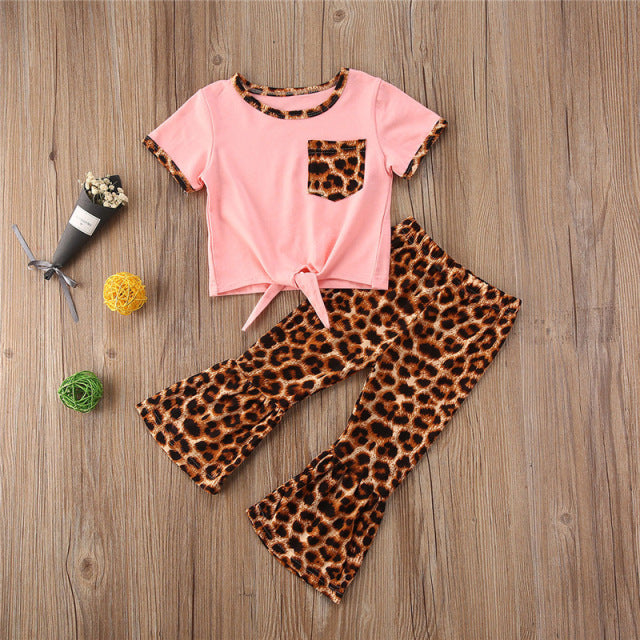 Toddler Baby Girl Clothes Cotton T-Shirt Tops Leopard Bell Bottoms Flare Pants Kids Outfit Clothes Set   Fashion Clothes