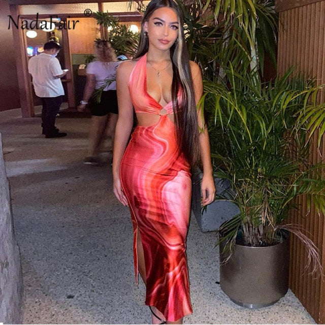 Nadafair Tie Dye Summer Dress Women Waist Cut Out Backless Halter Robe 2021 Festival Clubwear Bodycon Sexy Party Maxi Dresses