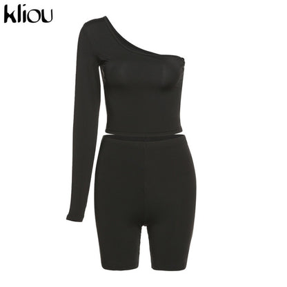 Kliou Solid Asymmetrical Two Piece Sets Women Tracksuit Crop Tops+Elastic Bike Shorts Sporty Matching Suits Casual Female Outfit